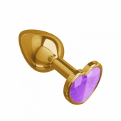 Небольшая золотая анальная втулка с сиреневым кристаллом в виде сердца Джага